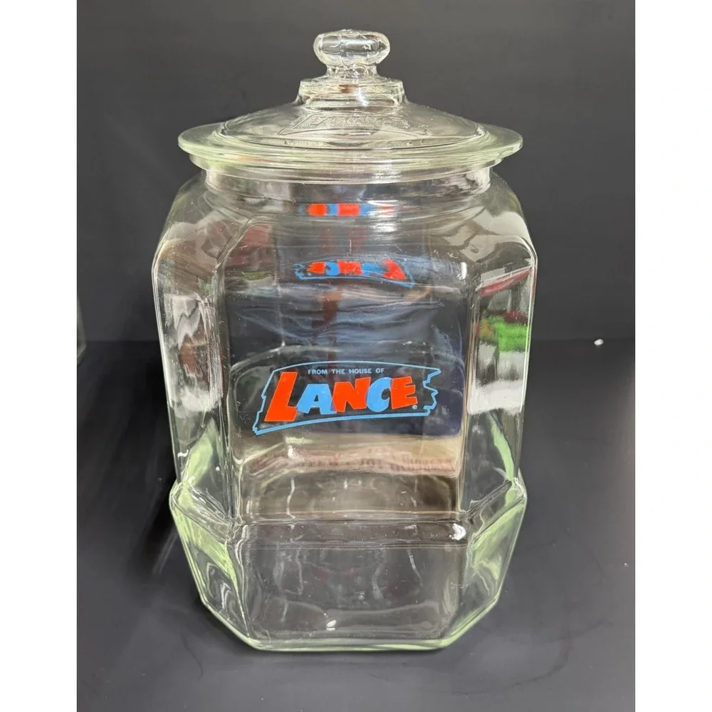 Vintage 8-Sided Lance Glass Display Counter‎ Cookie Cracker Jar w/ Embossed Lid